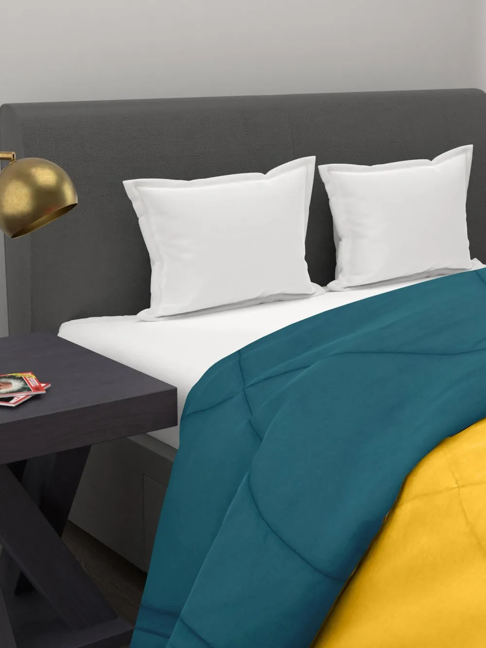 Clasiko Yellow & Sea Green King Size Double Bed Reversible Comforter- 220 GSM