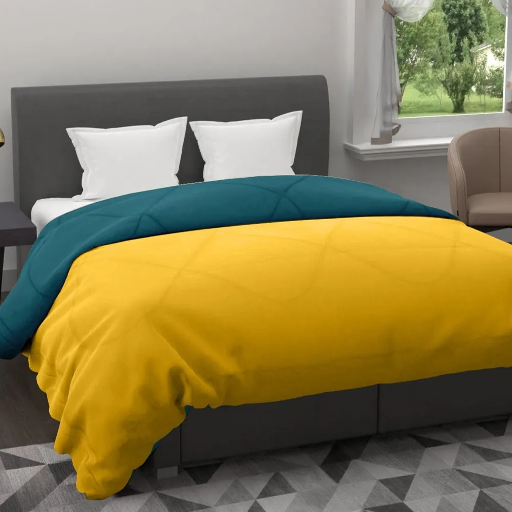 Clasiko Yellow & Sea Green King Size Double Bed Reversible Comforter- 220 GSM