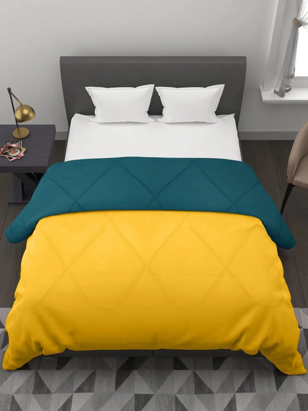 Clasiko Yellow & Sea Green King Size Double Bed Reversible Comforter- 220 GSM