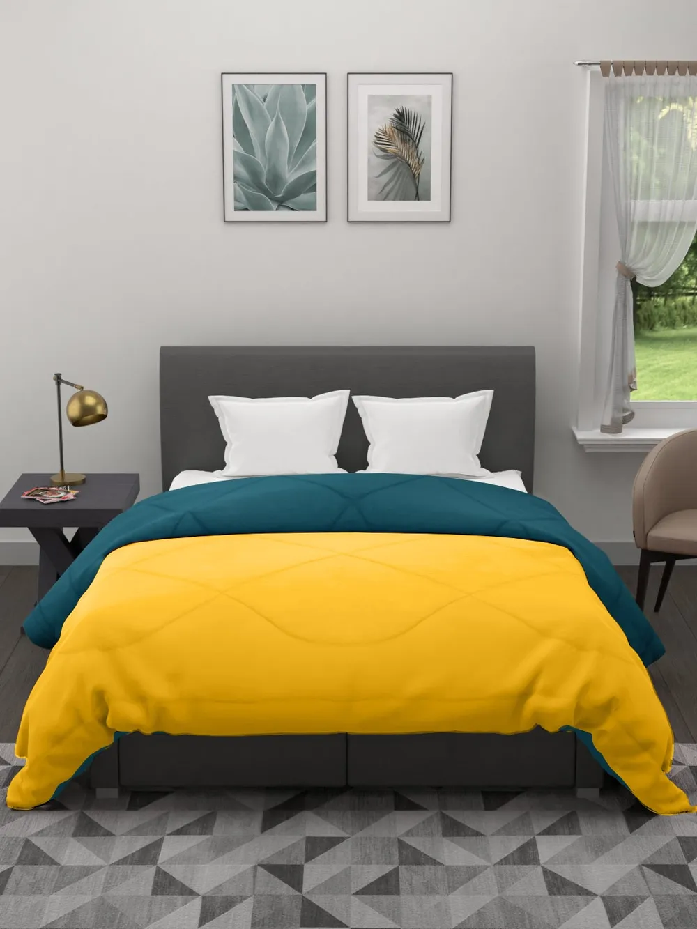 Clasiko Yellow & Sea Green King Size Double Bed Reversible Comforter- 220 GSM