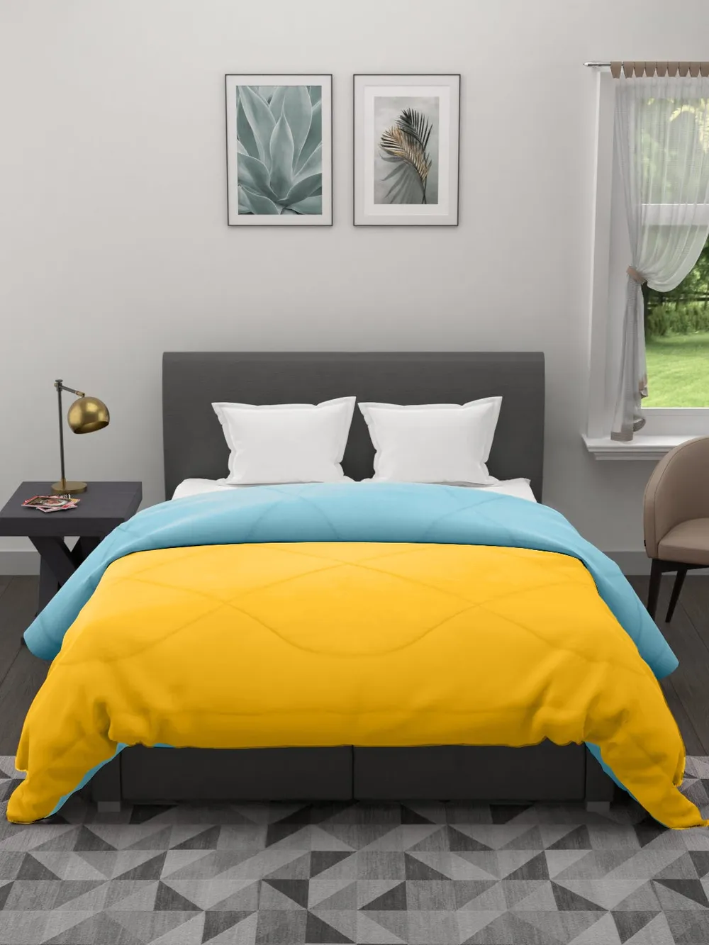 Clasiko Yellow & Sky Blue King Size Double Bed Reversible Comforter- 220 GSM