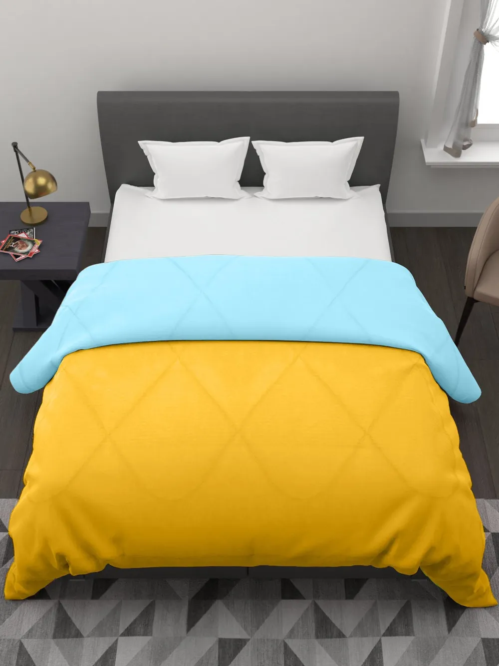 Clasiko Yellow & Sky Blue King Size Double Bed Reversible Comforter- 220 GSM