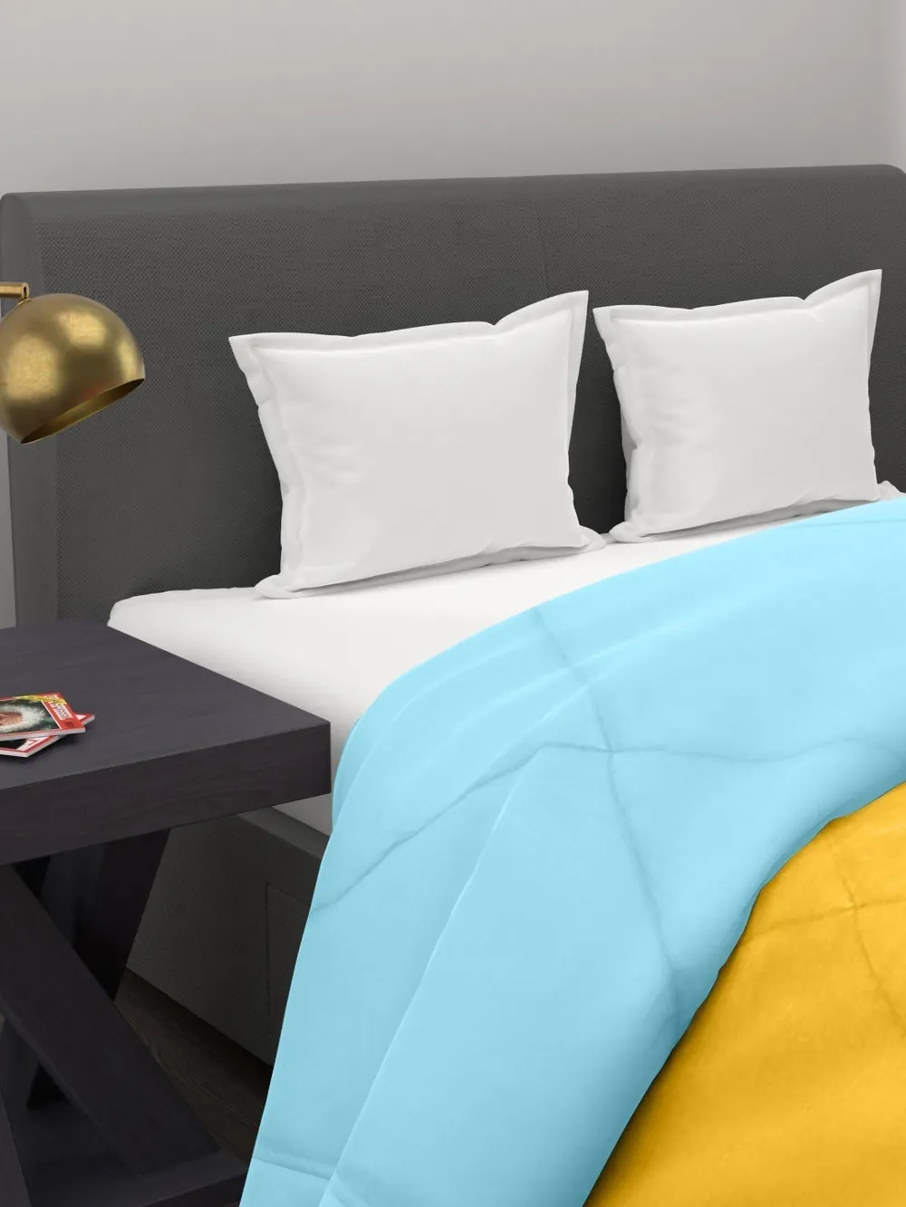 Clasiko Yellow & Sky Blue King Size Double Bed Reversible Comforter- 220 GSM