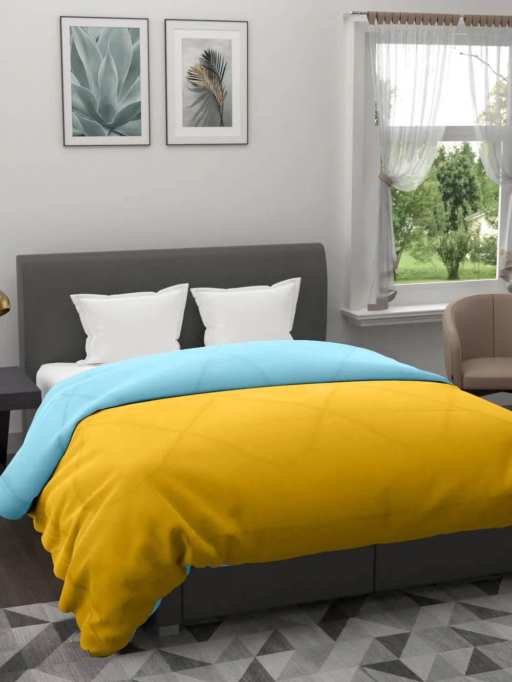 Clasiko Yellow & Sky Blue King Size Double Bed Reversible Comforter- 220 GSM