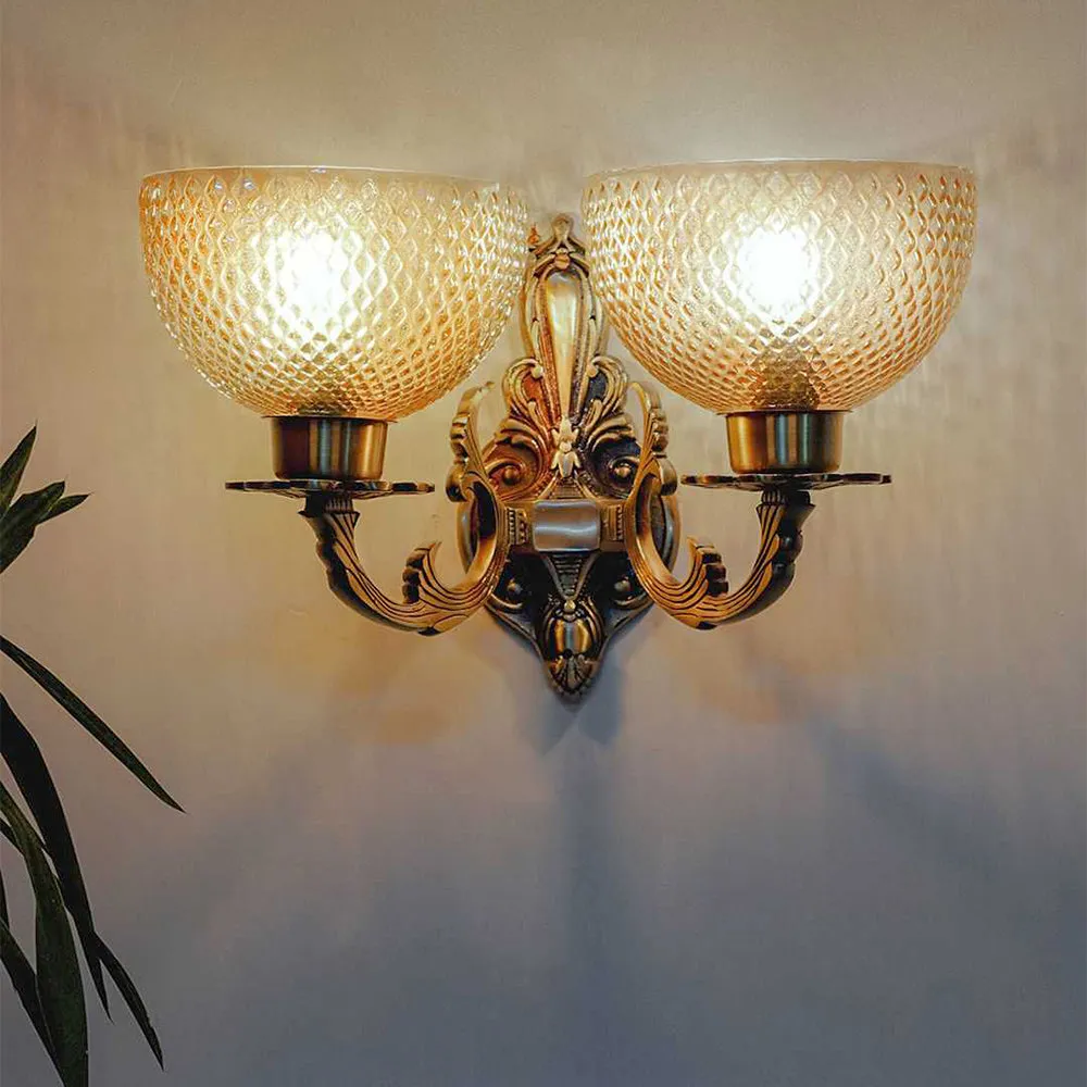 Classic and Bold lustrous Golden Textured Big Bowls 2 lights Wall Sconce