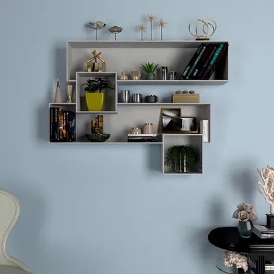 Classic Asymmetric Wood Wall Shelf In Grey Finish