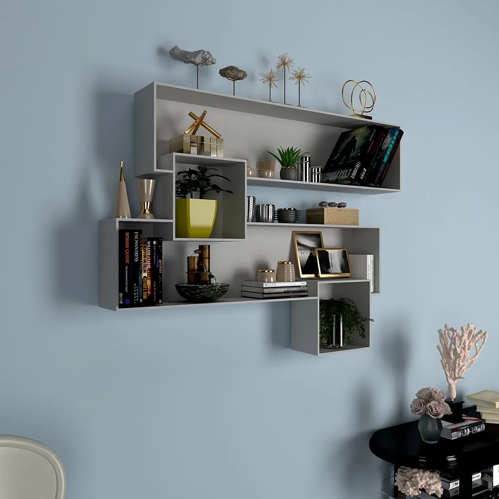 Classic Asymmetric Wood Wall Shelf In Grey Finish