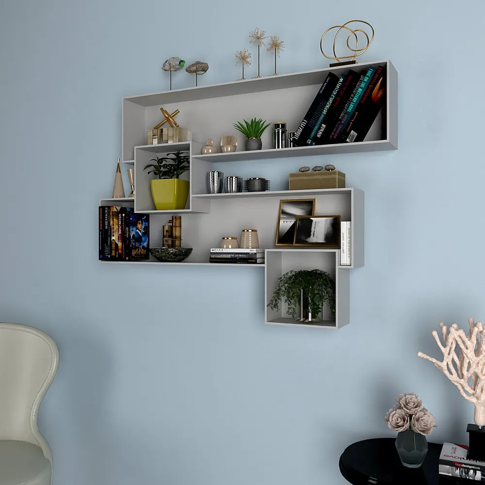 Classic Asymmetric Wood Wall Shelf In Grey Finish