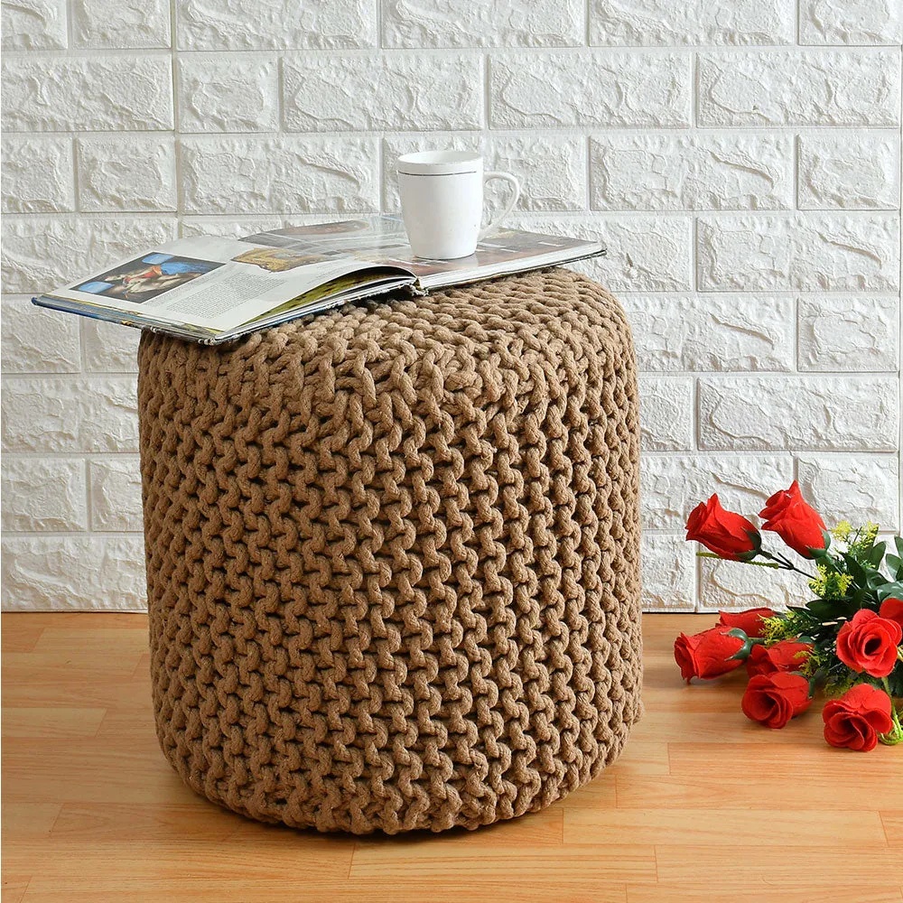 Classic Beige Solid Cotton Knitted Pouffe Single Piece