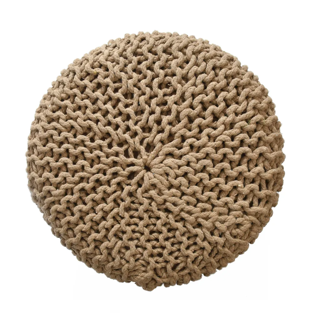 Classic Beige Solid Cotton Knitted Pouffe Single Piece