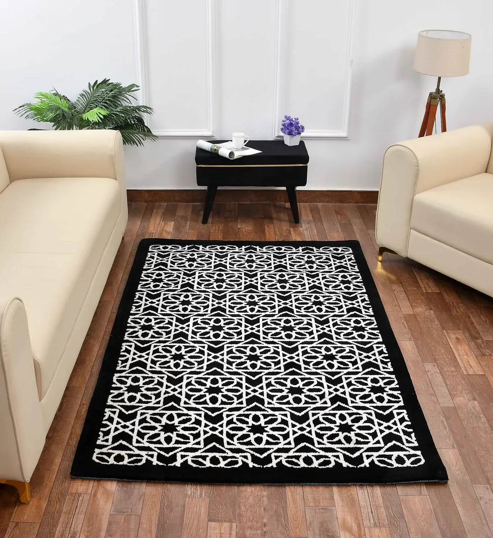 Classic Black and White Geometric Print Polyester Carpet 2X5