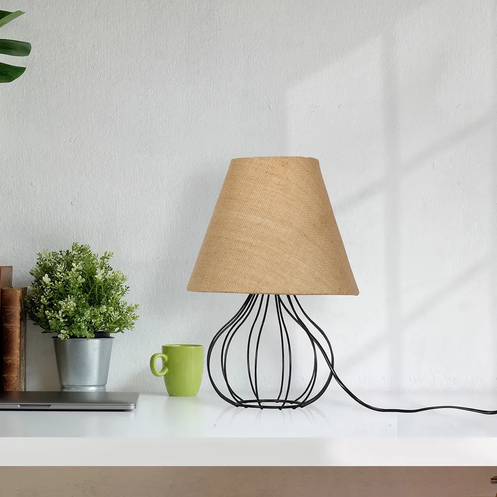 Classic Black Metal Cage Table Lamp with Shade