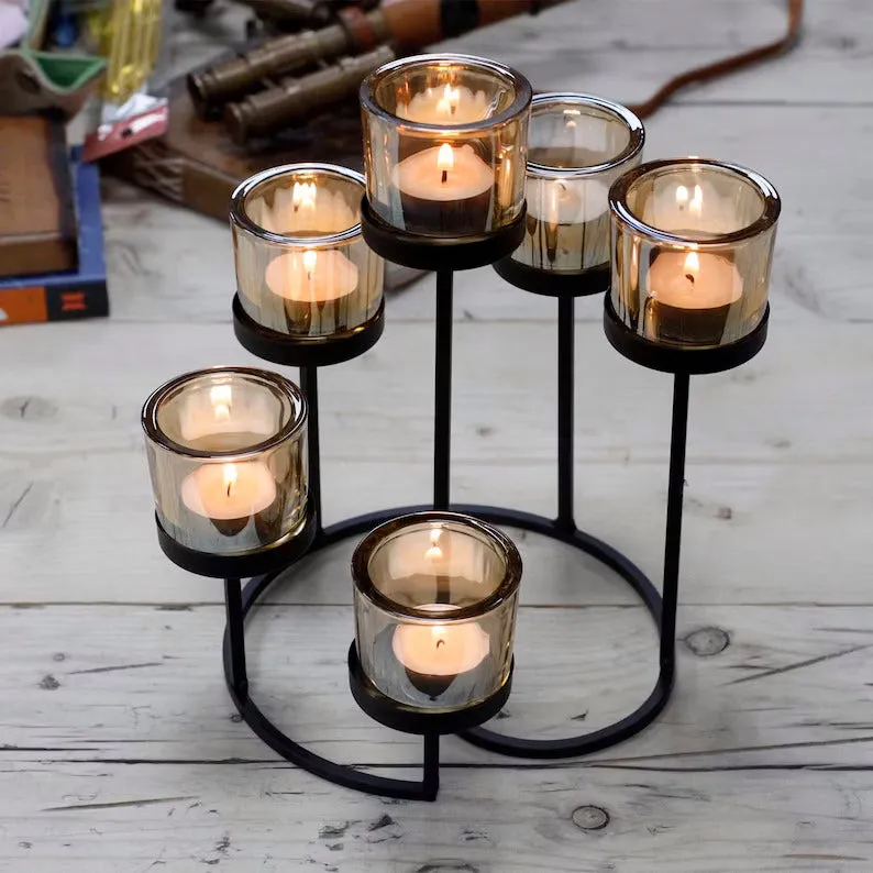 Classic Black Metal Stand With 6 Glass Votives