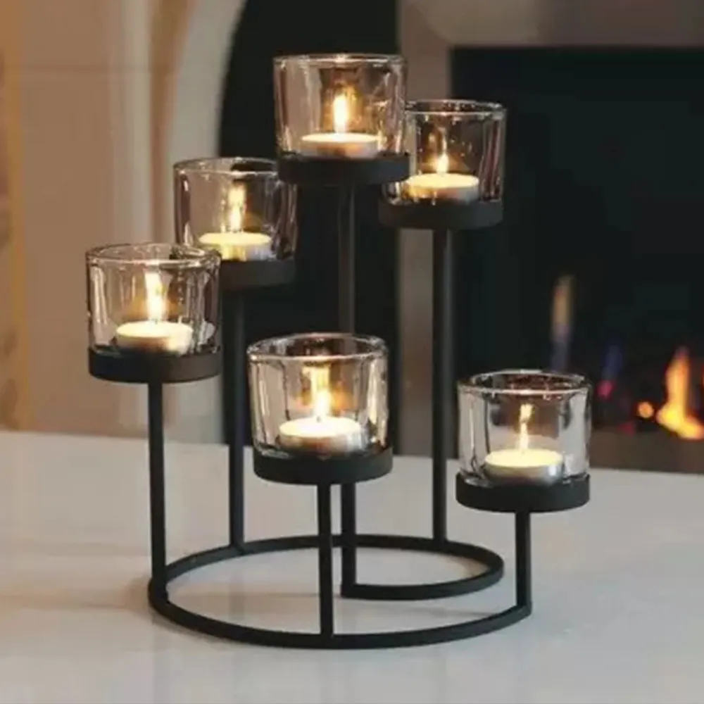 Classic Black Metal Stand With 6 Glass Votives