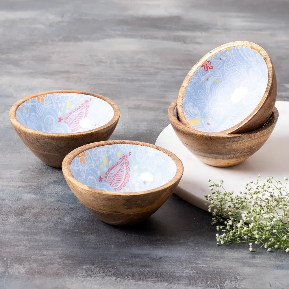 Classic Blue Enamel Print Wood Serving Bowls Set Of 4
