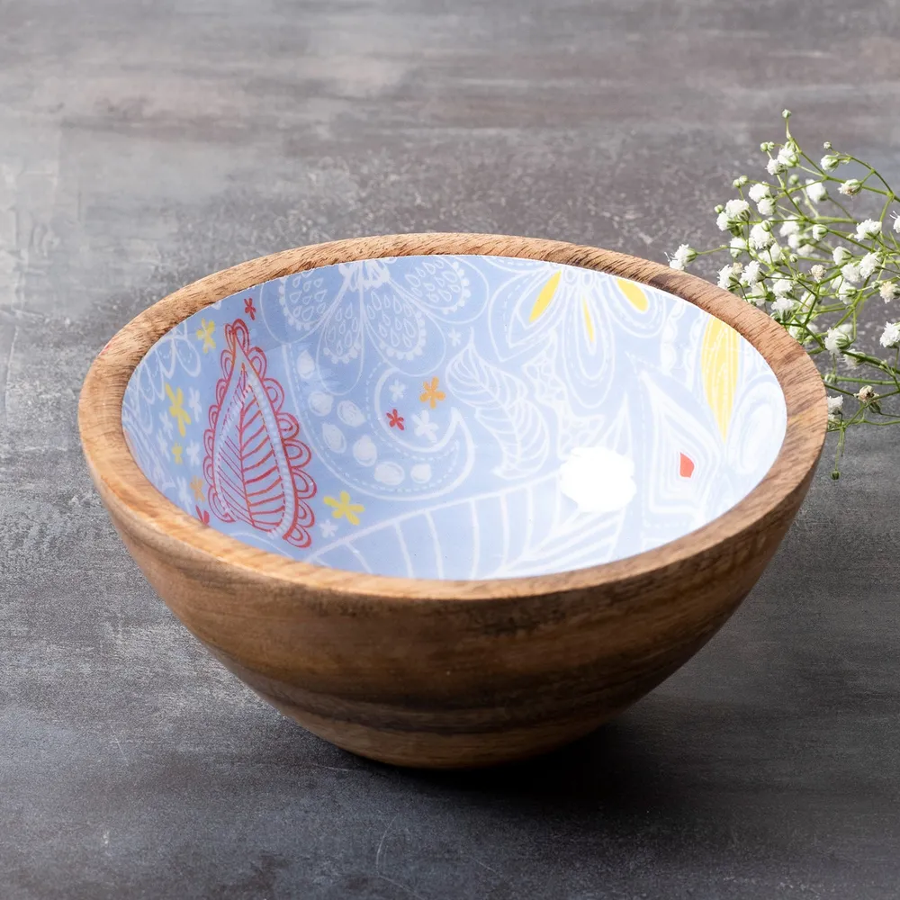 Classic Blue Enamel Print Wood Serving Bowls Set Of 4