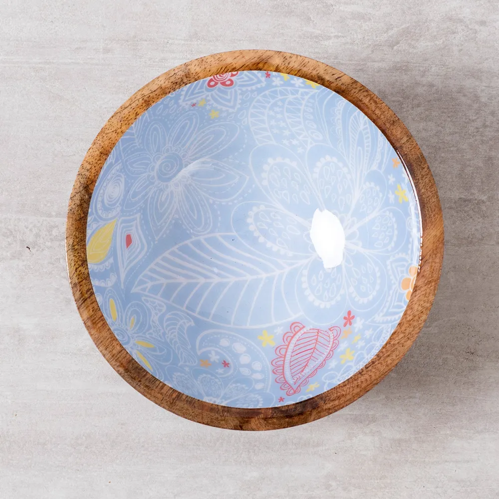 Classic Blue Enamel Print Wood Serving Bowls Set Of 4
