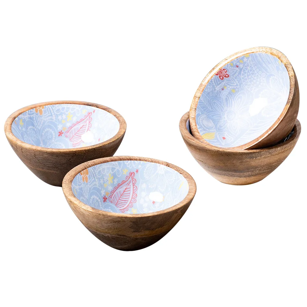 Classic Blue Enamel Print Wood Serving Bowls Set Of 4