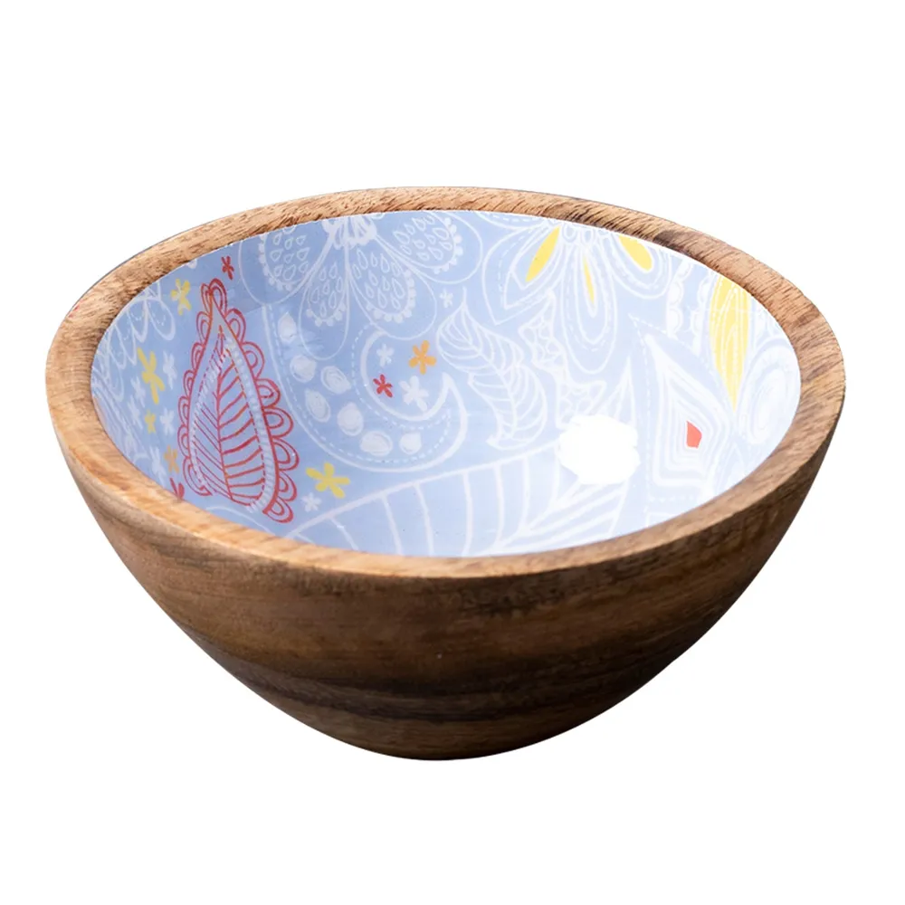 Classic Blue Enamel Print Wood Serving Bowls Set Of 4