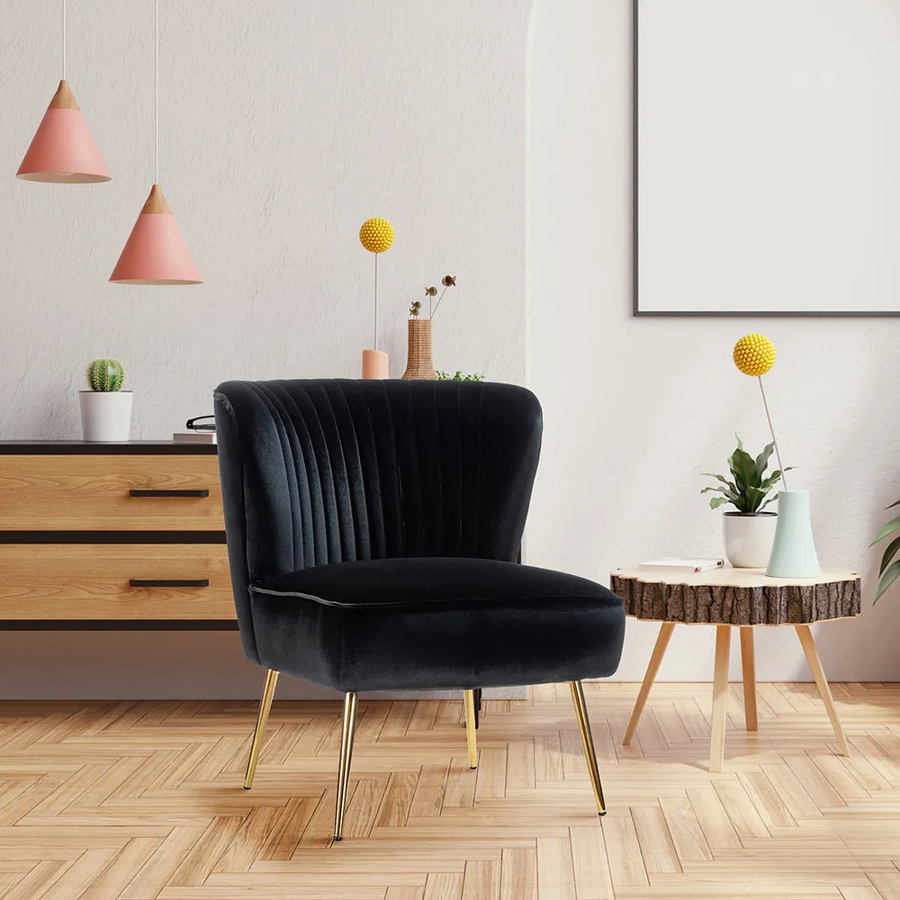 Classic Curved Back Black Velvet Lounge Chair Single Piece