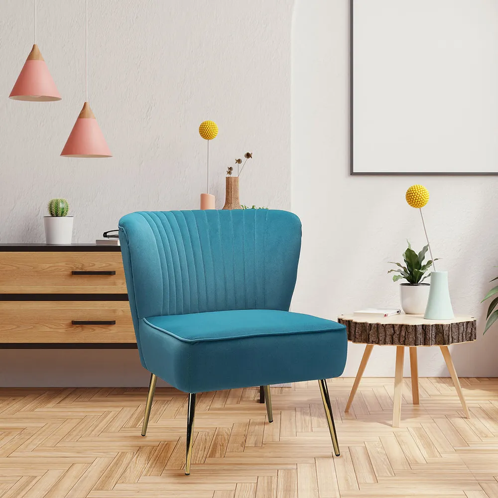 Classic Curved Back Blue Velvet Lounge Chair Single Piece