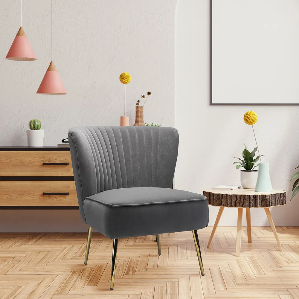 Classic Curved Back Grey Velvet Lounge Chair Single Piece