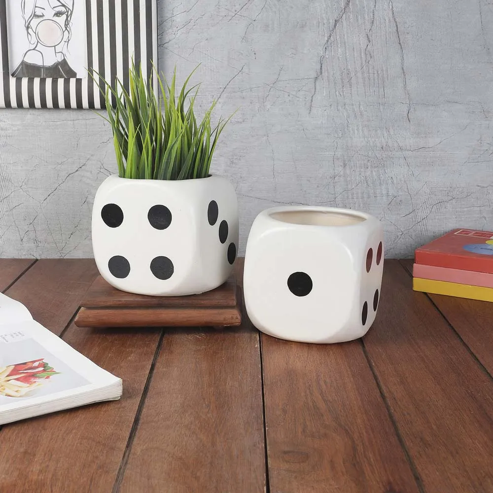 Classic Dice Shaped Black & White Ceramic Planters Set Of 2