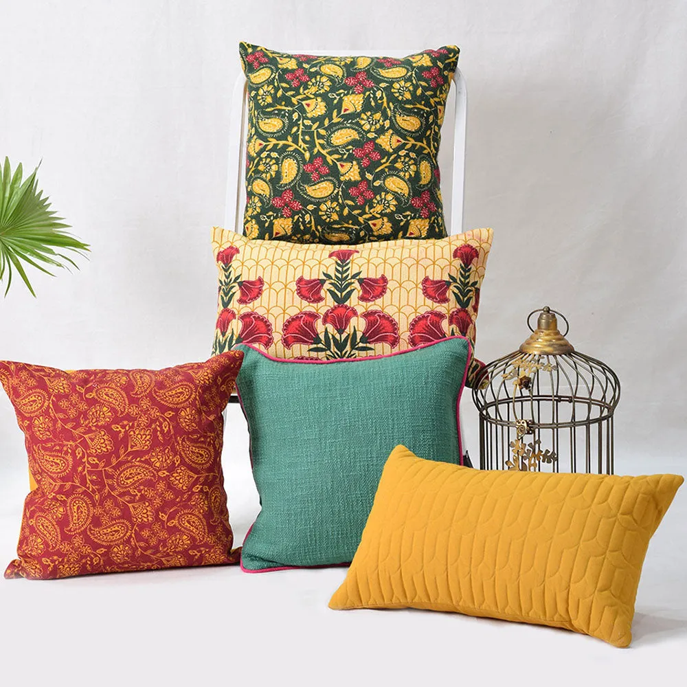 Classic Floral Printed Bright-Hued 100% Cotton Cushion Covers Set Of 5