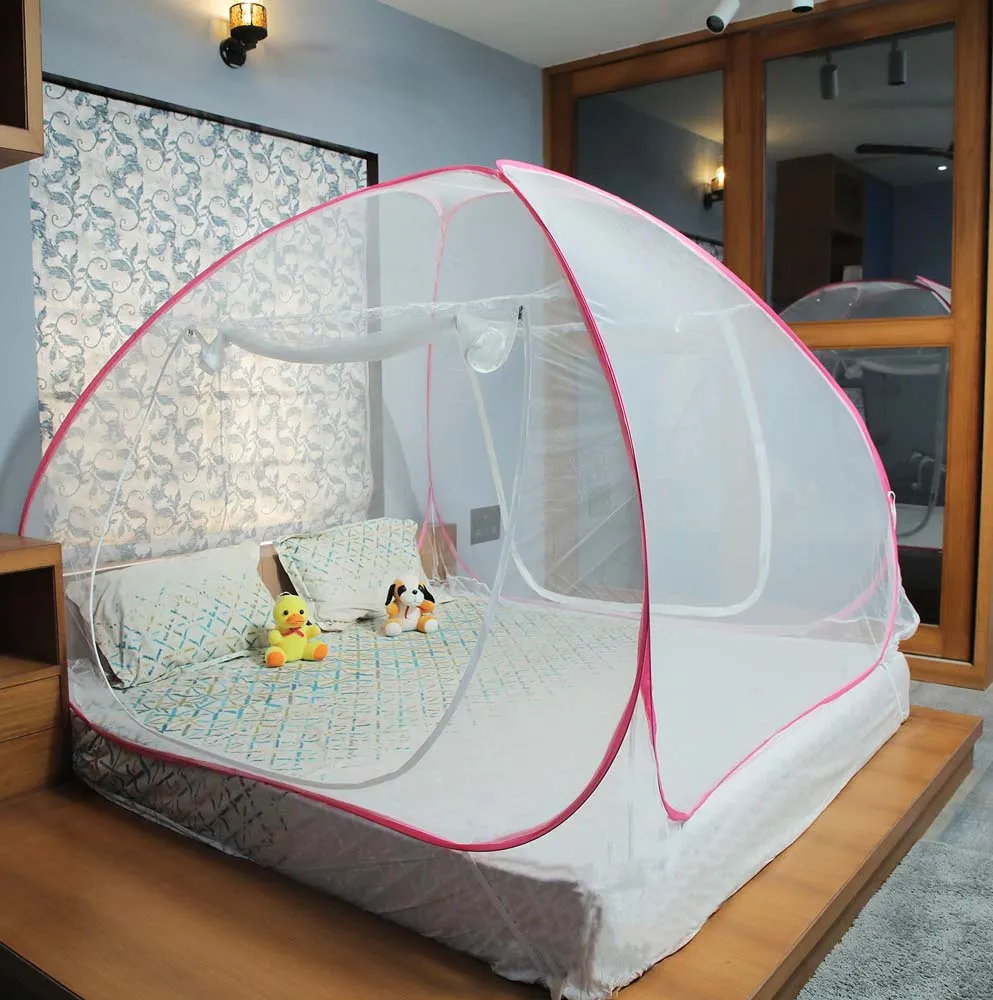 Classic Foldable King Size Double Bed pink Polyester Zip Door Mosquito Net