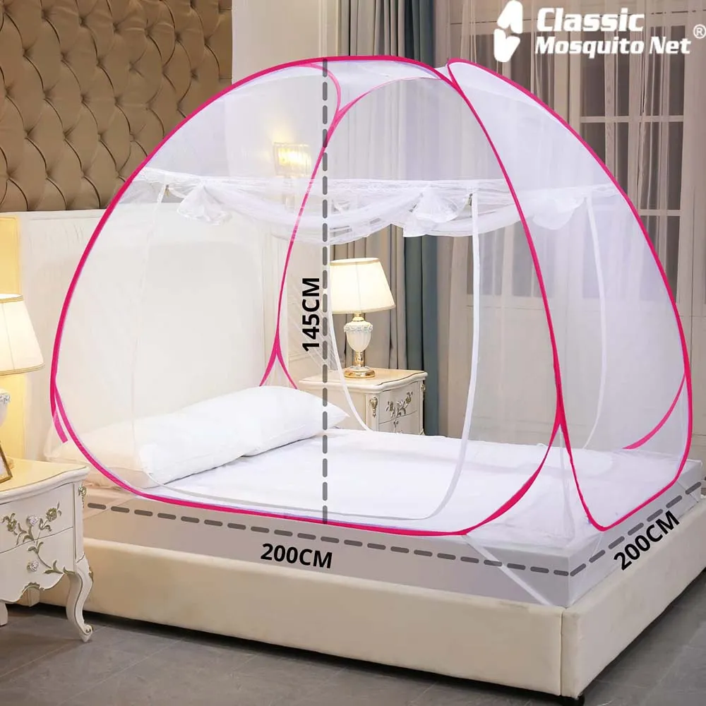 Classic Foldable King Size Double Bed pink Polyester Zip Door Mosquito Net