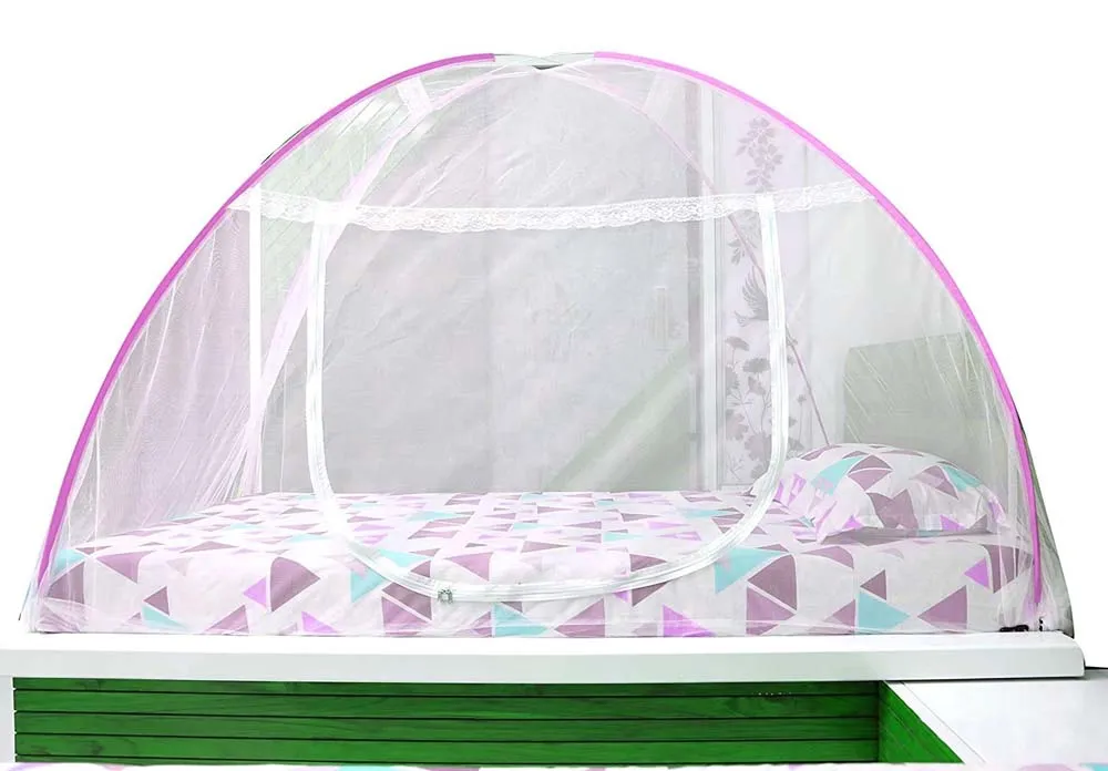 Classic Foldable Single Bed Pink Polyester Mosquito Net