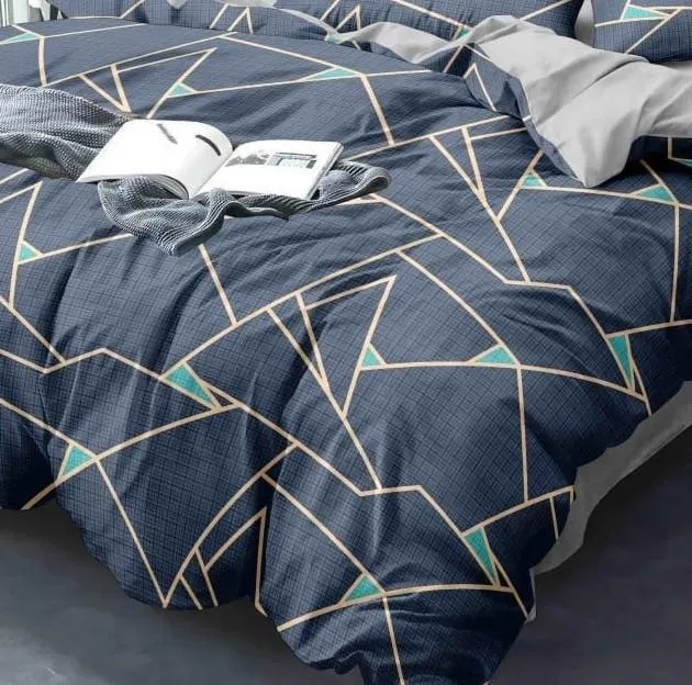 Classic Geometric Print Double Bedsheet With 2 Pillow Covers (Blue)