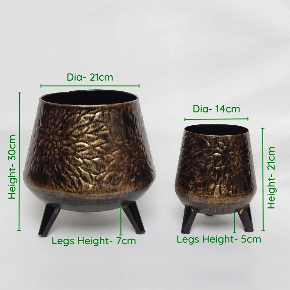 Classic Gold & Black Leaf Textured Set Set of 2 Indoor Metal Plant Stand with Pot