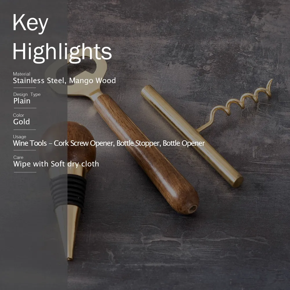 Classic Gold Wooden Handles Stainless Steel Bar Tool Set Of 3