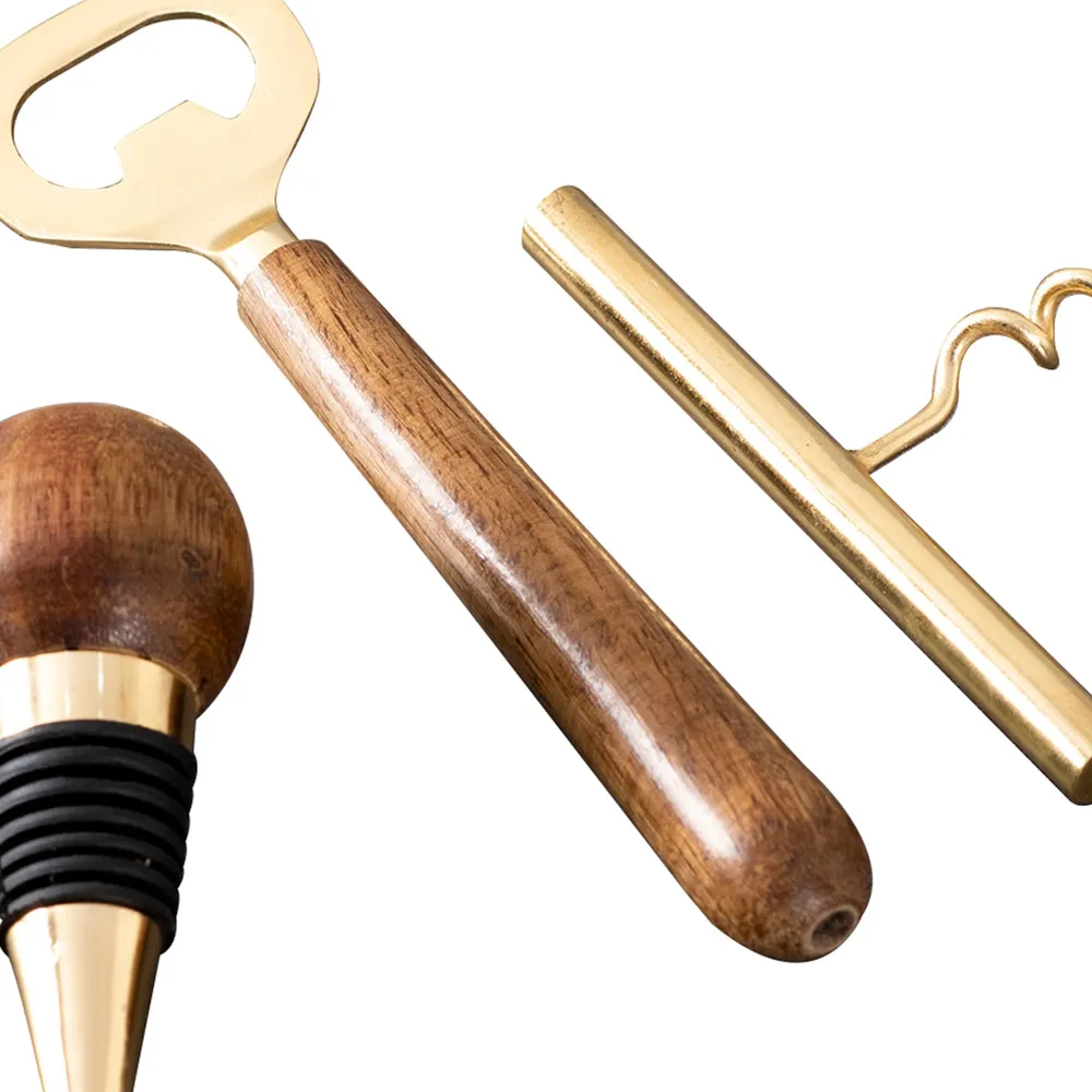 Classic Gold Wooden Handles Stainless Steel Bar Tool Set Of 3