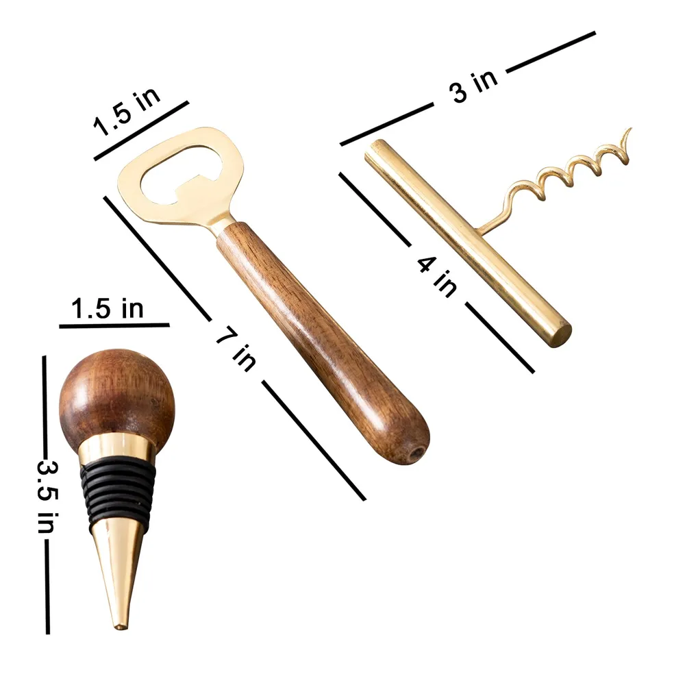 Classic Gold Wooden Handles Stainless Steel Bar Tool Set Of 3