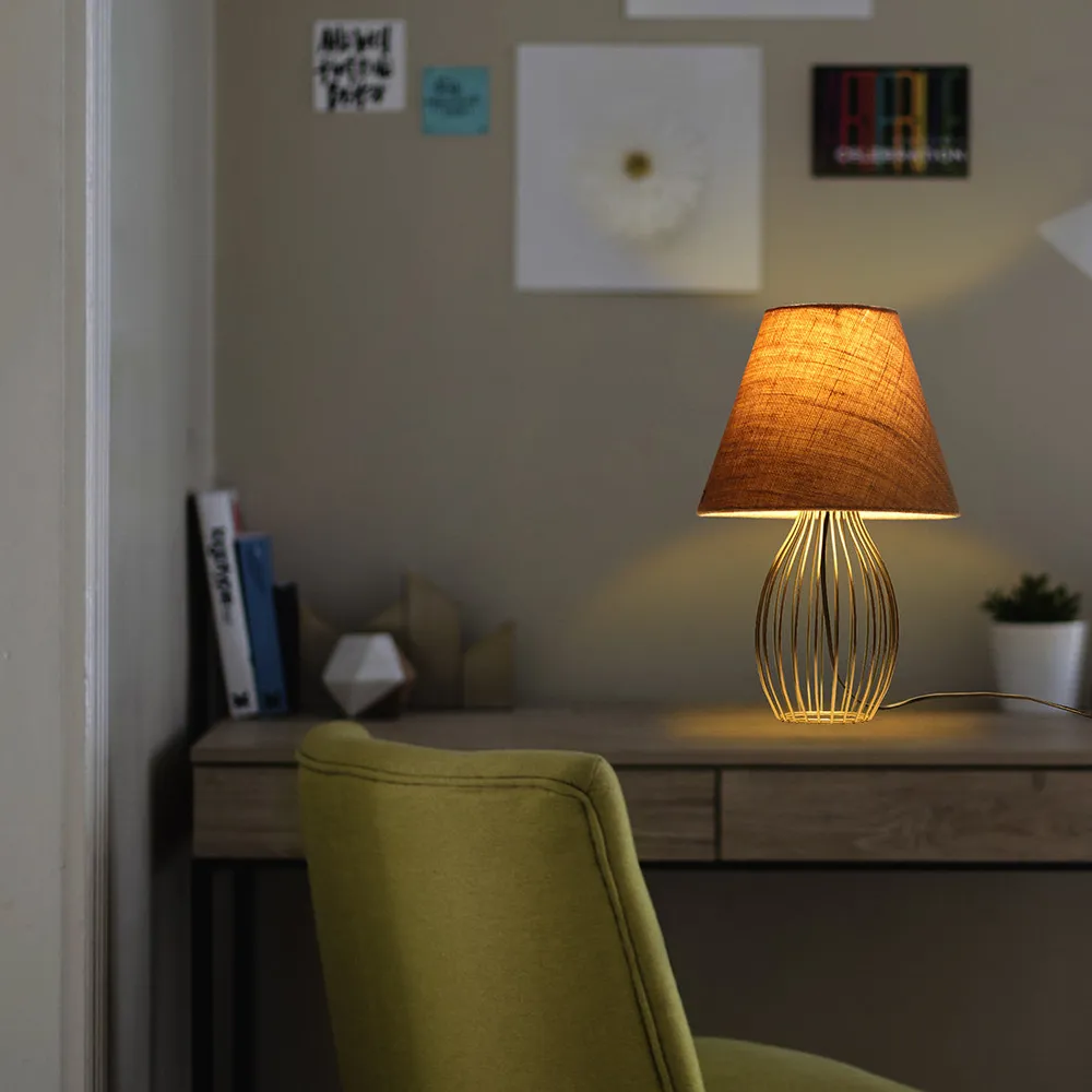 Classic Golden Metal Cage Table Lamp with Shade