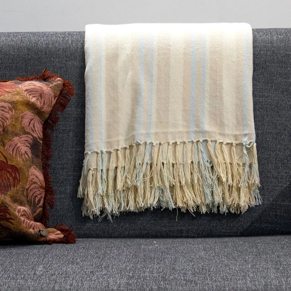 Classic Gray and Sky Blue Striped Linen Throw