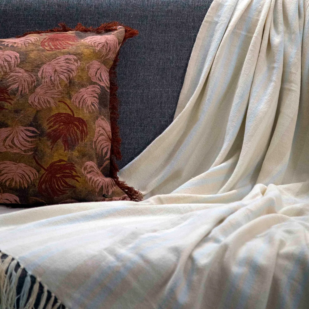 Classic Gray and Sky Blue Striped Linen Throw