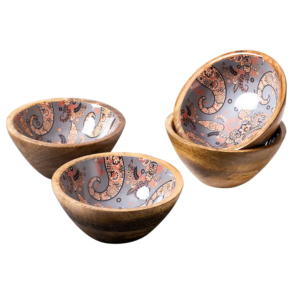 Classic Gray Enamel Print Wood Serving Bowl Set Of 4