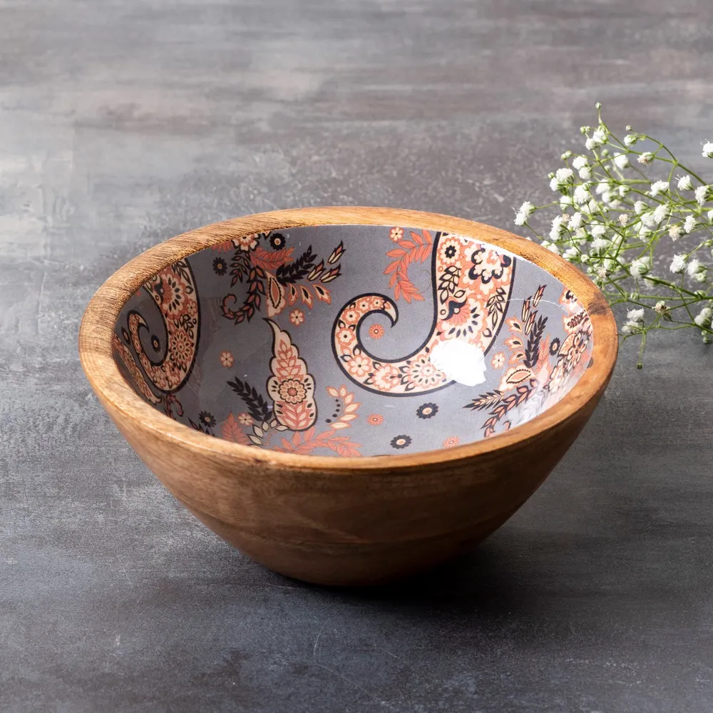 Classic Gray Enamel Print Wood Serving Bowl Set Of 4