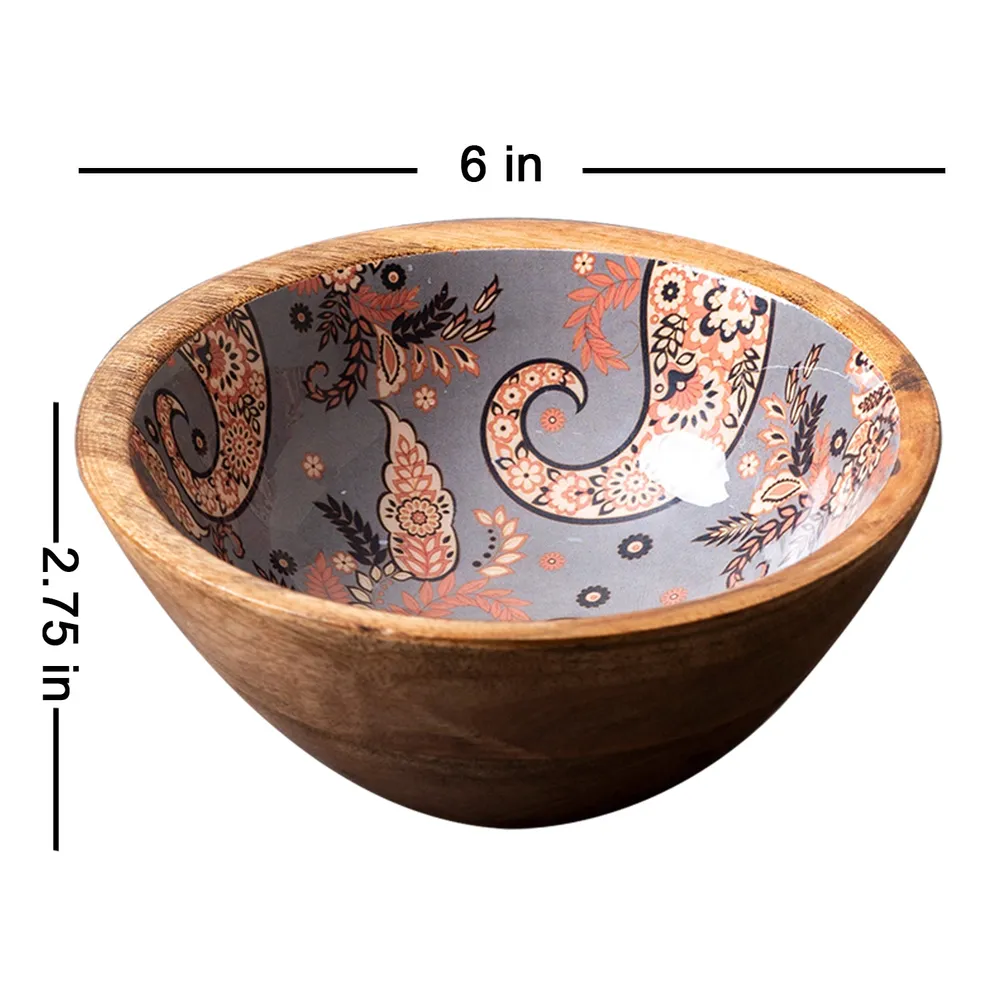 Classic Gray Enamel Print Wood Serving Bowl Set Of 4
