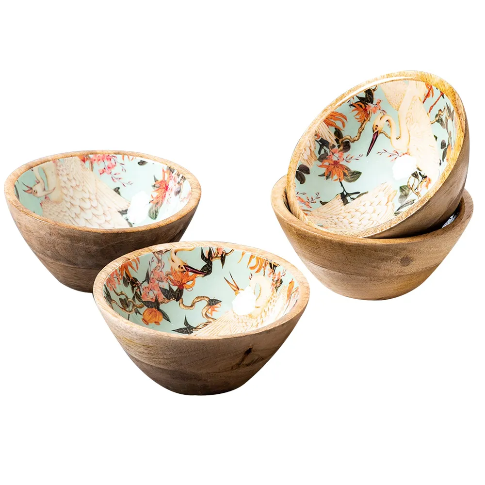 Classic Green Flamingo Printed Wood Serving Bowl Set Of 4