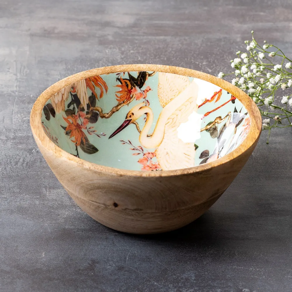 Classic Green Flamingo Printed Wood Serving Bowl Set Of 4