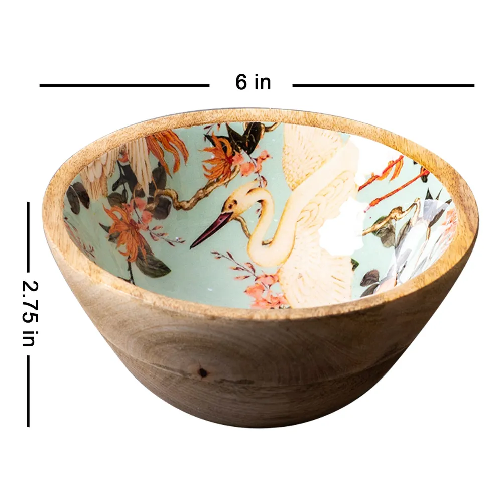 Classic Green Flamingo Printed Wood Serving Bowl Set Of 4