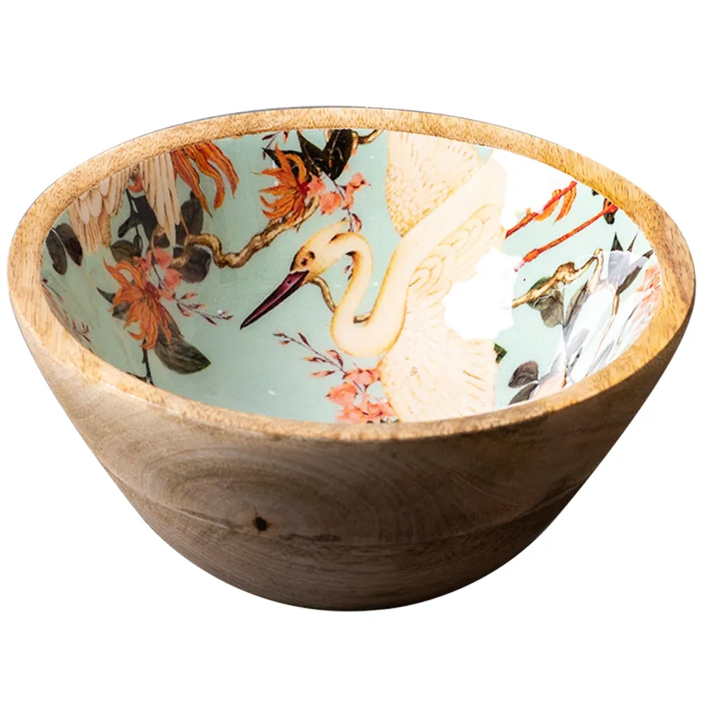 Classic Green Flamingo Printed Wood Serving Bowl Set Of 4