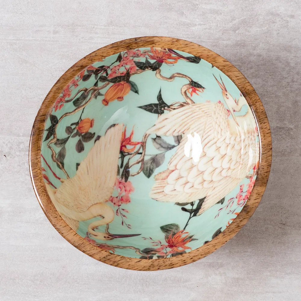 Classic Green Flamingo Printed Wood Serving Bowl Set Of 4