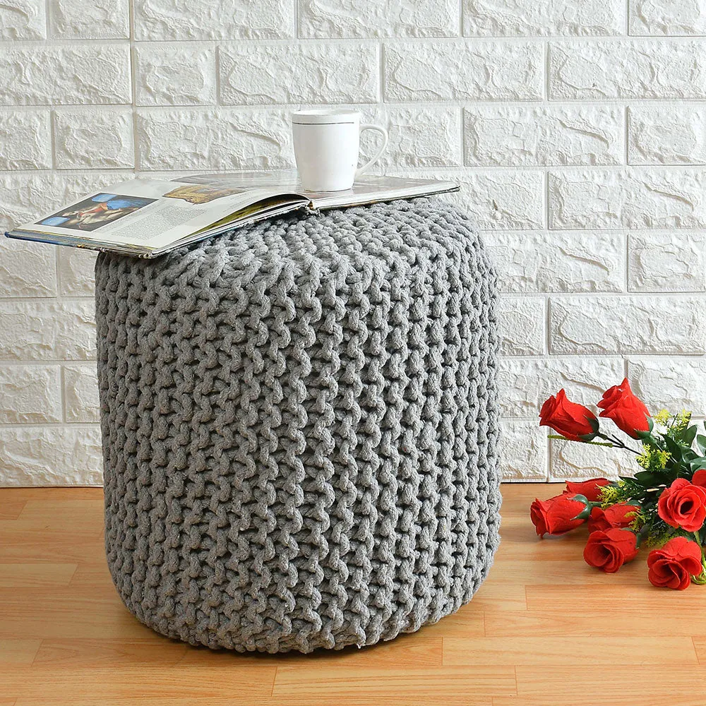Classic Grey Solid Cotton Knitted Pouffe