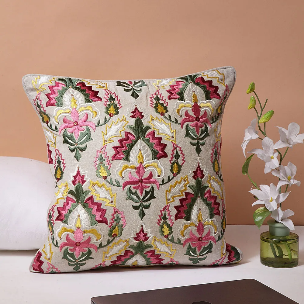 Classic Heavy Multicolor Embroidered 100% Cotton Cushion Cover Set Of 1