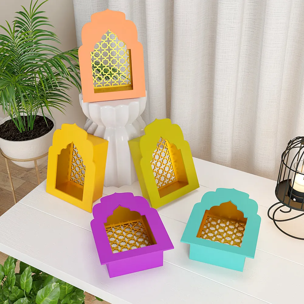 Classic Multicolour 5 Pieces MDF Wood Jharokha Jali Boxes Wall Decor